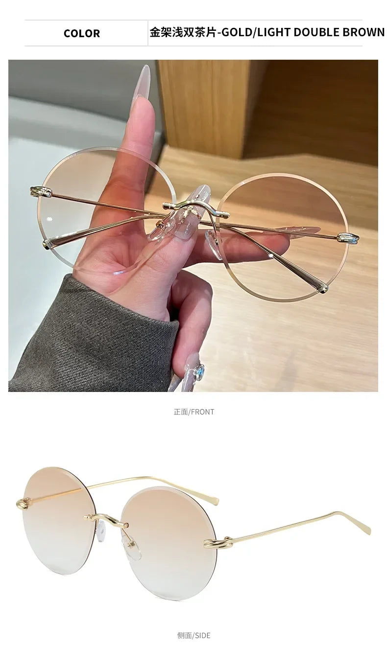 2026 New Fashion rimless circle frame sunglasses for women new alloy oversize gradient knot sun glasses ladies sexy shades uv400