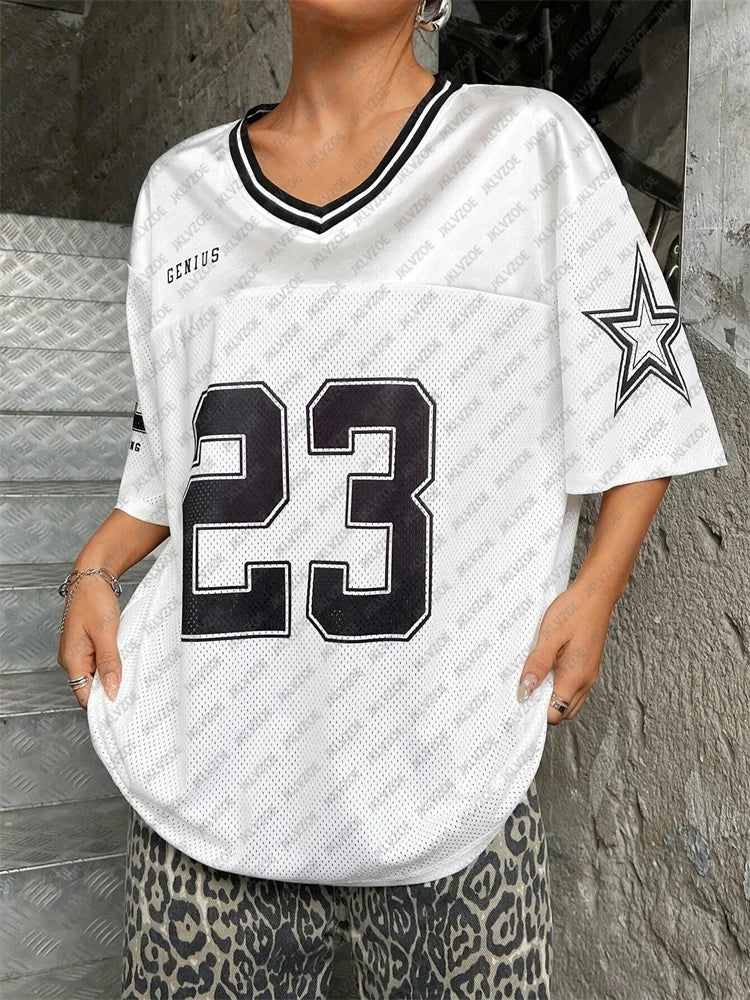 Number 23 TShirt For Men Women Summer Oversized V-neck Black Tee Harajuku Trend Short Sleeve Unisex Streetwear Couple Top
