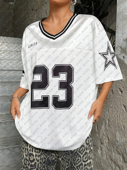 Number 23 TShirt For Men Women Summer Oversized V-neck Black Tee Harajuku Trend Short Sleeve Unisex Streetwear Couple Top