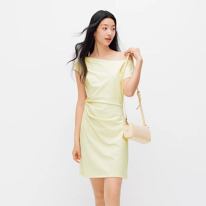 Women Dress One Shoulder Oblique Neck Waist Pleated Solid Cool Feeling Mini 2026 Summer Minimalist Temperament Fashion Top