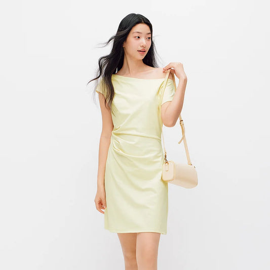 Women Dress One Shoulder Oblique Neck Waist Pleated Solid Cool Feeling Mini 2026 Summer Minimalist Temperament Fashion Top