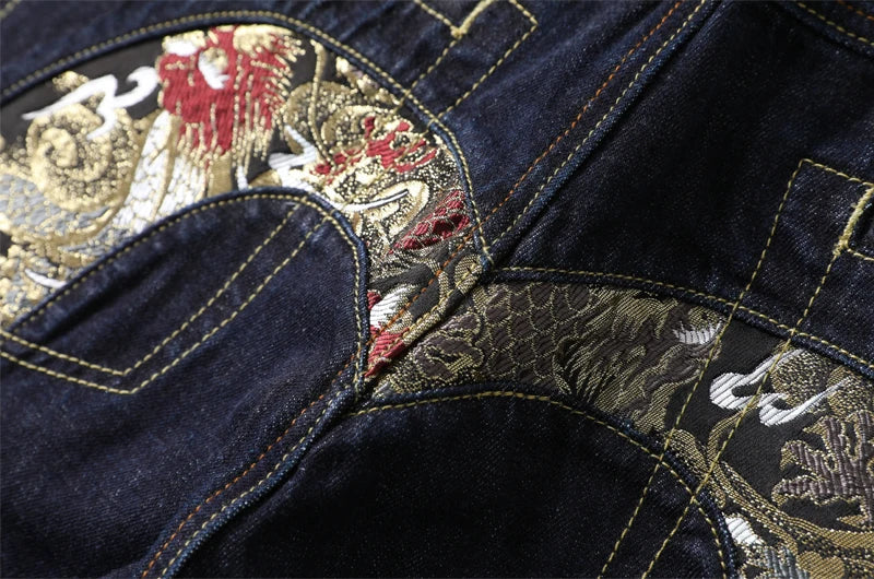 Men Embroidery Denim Shorts Black Hiphop Jeans Pants Cherry Blossom Dragon Totem Washed Zipper Cotton Summer cherry blossoms 024