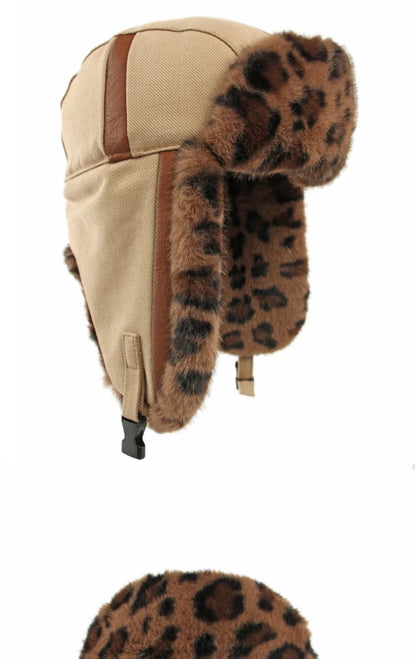 Bomber Hat Men Women Thick Warm Winter Hat Leopard Fur Earflap Cap Male Female Russian Hat Windproof Snow Ski Trapper Cap