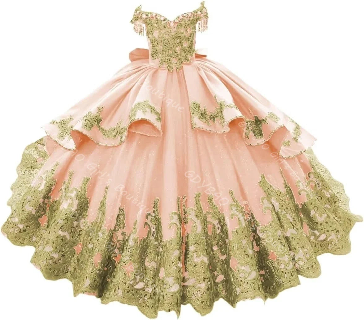 Off Shoulder Flower Girl Dress for Wedding 2-14 Kids Gold Appliqued Tiered Tulle Princess Pageant Dress With Bow/Tassel Custom