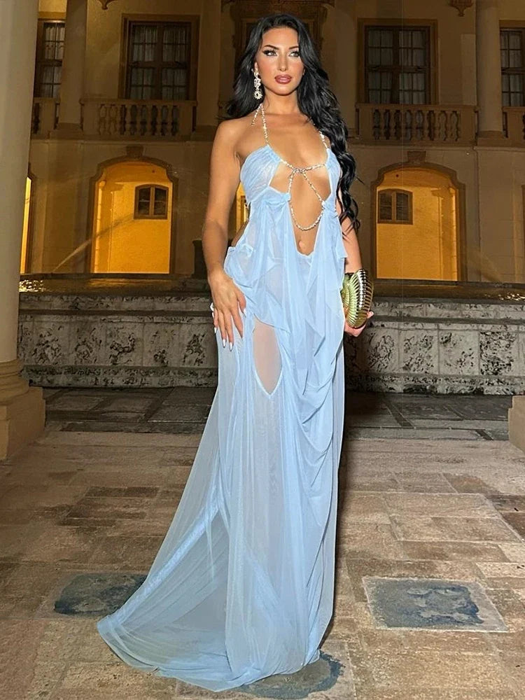 Prom Party Gown Dress Woman Sexy See Through Luxury Chain Halter Low-Neck Backless Sleeveless Midnight Elegant Vestidos
