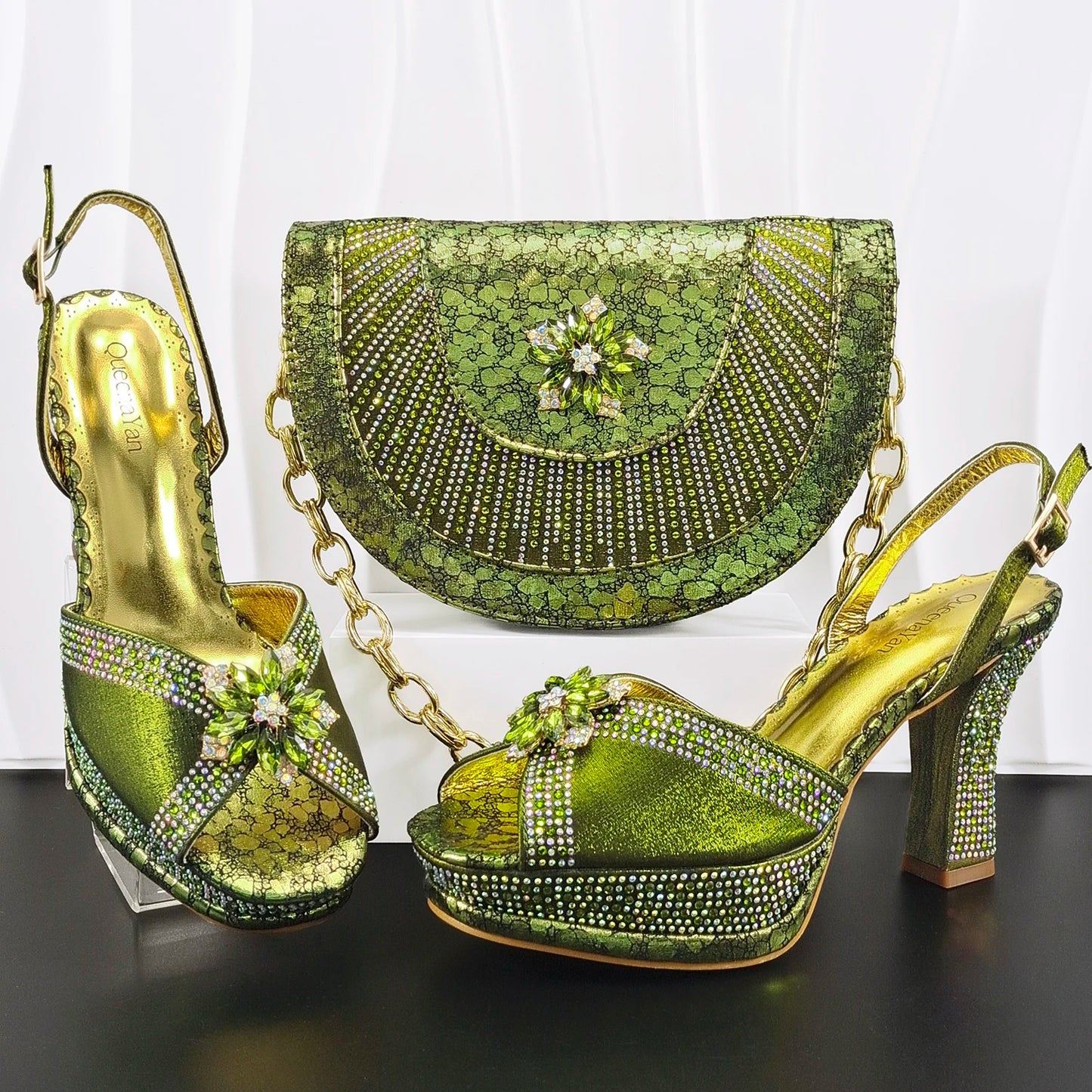 Italian Design Bigger Size Shoes and Bags Set Wedding for Women Bride Ladies High Heel HAND CRAFTED UPPER Shoes with Rhinestone
