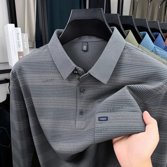 2025 long sleeved men's spring and autumn collar striped pullover top with loose pockets polo shirt