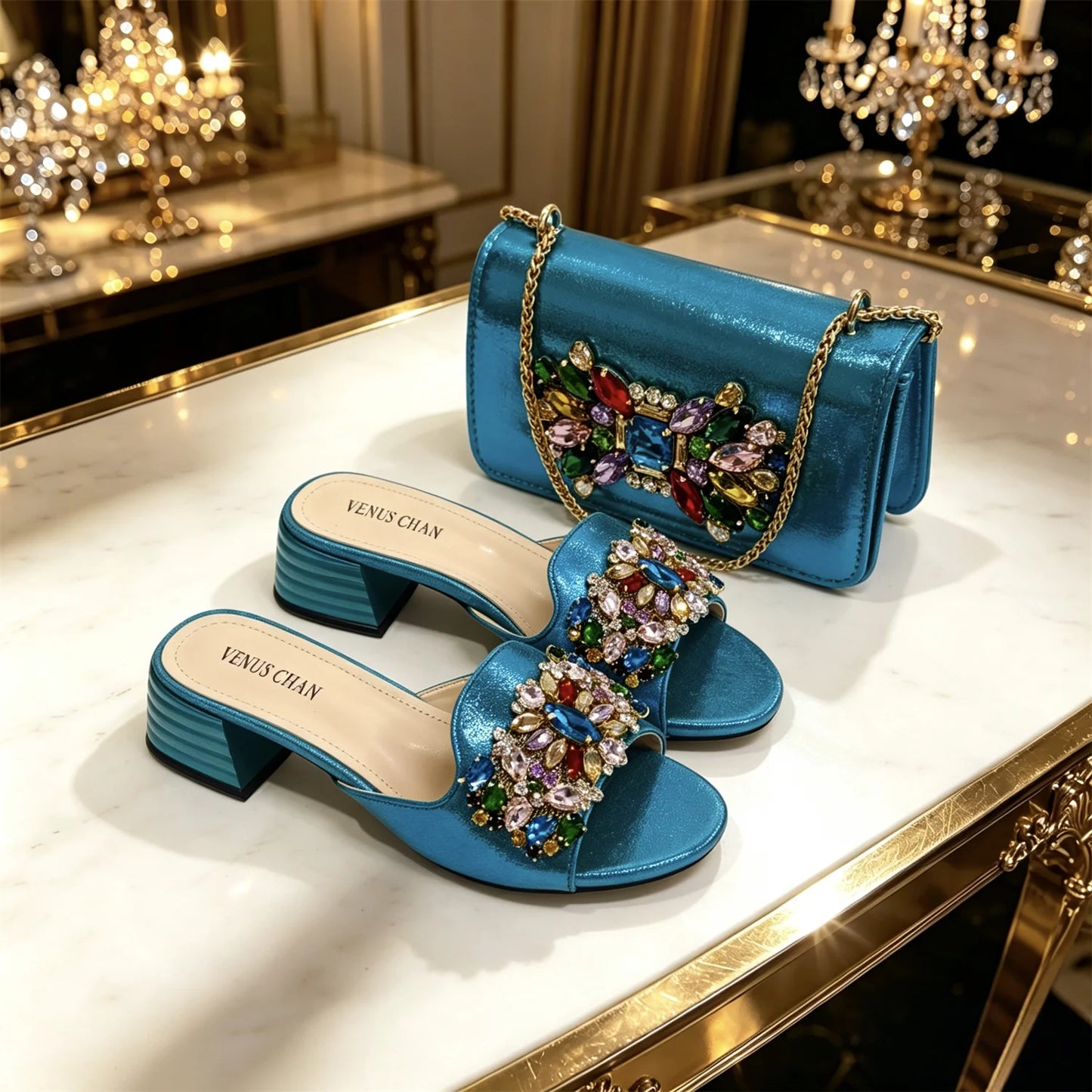 2026 Silver Rhinestone Mules Matching Bag Set Women Peep Toe Block Heel Sandals Wedding Evening Crossbody Handbag
