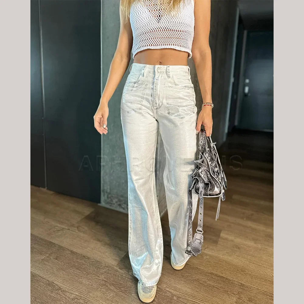 Metallic Denim Straight Jeans Wide Leg Women High Waist Loose Pants Y2K Oversize Denim Trousers Hip-hop Streetwear
