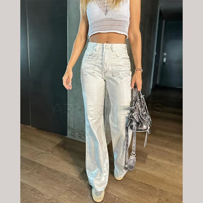 Metallic Denim Straight Jeans Wide Leg Women High Waist Loose Pants Y2K Oversize Denim Trousers Hip-hop Streetwear