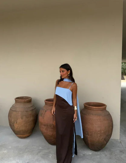 Fashion Color Block Spaghetti Strap Maxi Dress Women Elegant Halter Scarf  High Split Slim Vestidos 2026 New Daily Party Robes