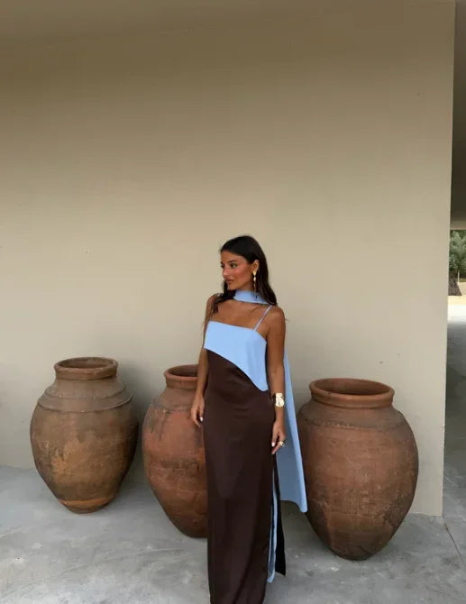 Fashion Color Block Spaghetti Strap Maxi Dress Women Elegant Halter Scarf  High Split Slim Vestidos 2026 New Daily Party Robes