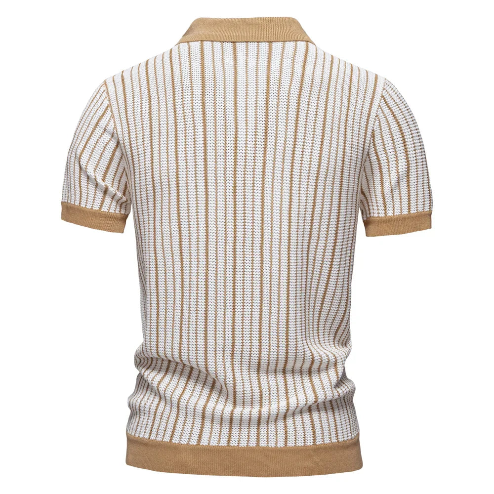 2025 Men's Striped Mesh Polo Shirt - Breathable Contrast Panel Knit Top with Turn-Down Collar