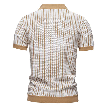 2025 Men's Striped Mesh Polo Shirt - Breathable Contrast Panel Knit Top with Turn-Down Collar