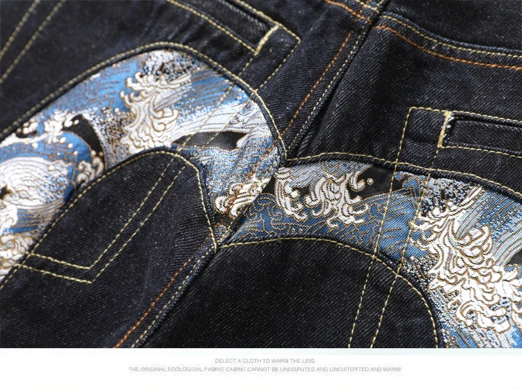 Japanese Handmade Embroidered Jeans Men's Pure Cotton Straight Tube Hip-Hop Popular Slim Red Ears Show Thin Trousers Devil Big M