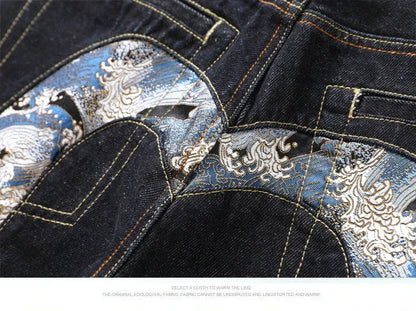 Japanese Handmade Embroidered Jeans Men's Pure Cotton Straight Tube Hip-Hop Popular Slim Red Ears Show Thin Trousers Devil Big M