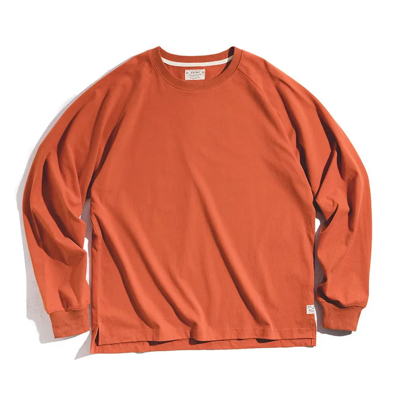 100% Cotton Loose Crew Neck Long Sleeve T-shirts Men's  230g Thin Breathable Tee Shirt Basic Solid Color Oversized Tops