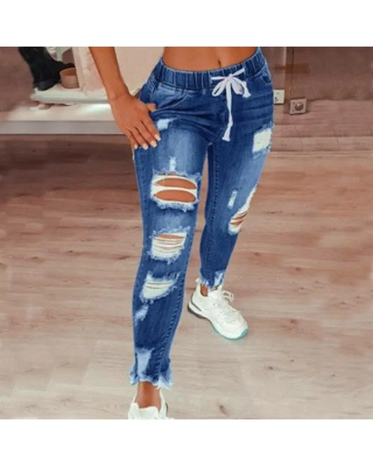 Women's S-5XL Size Tight Waist Jeans Women's Mid Waist Lace up Slim Fit Elastic Feet Pants Perforated Denim Pants