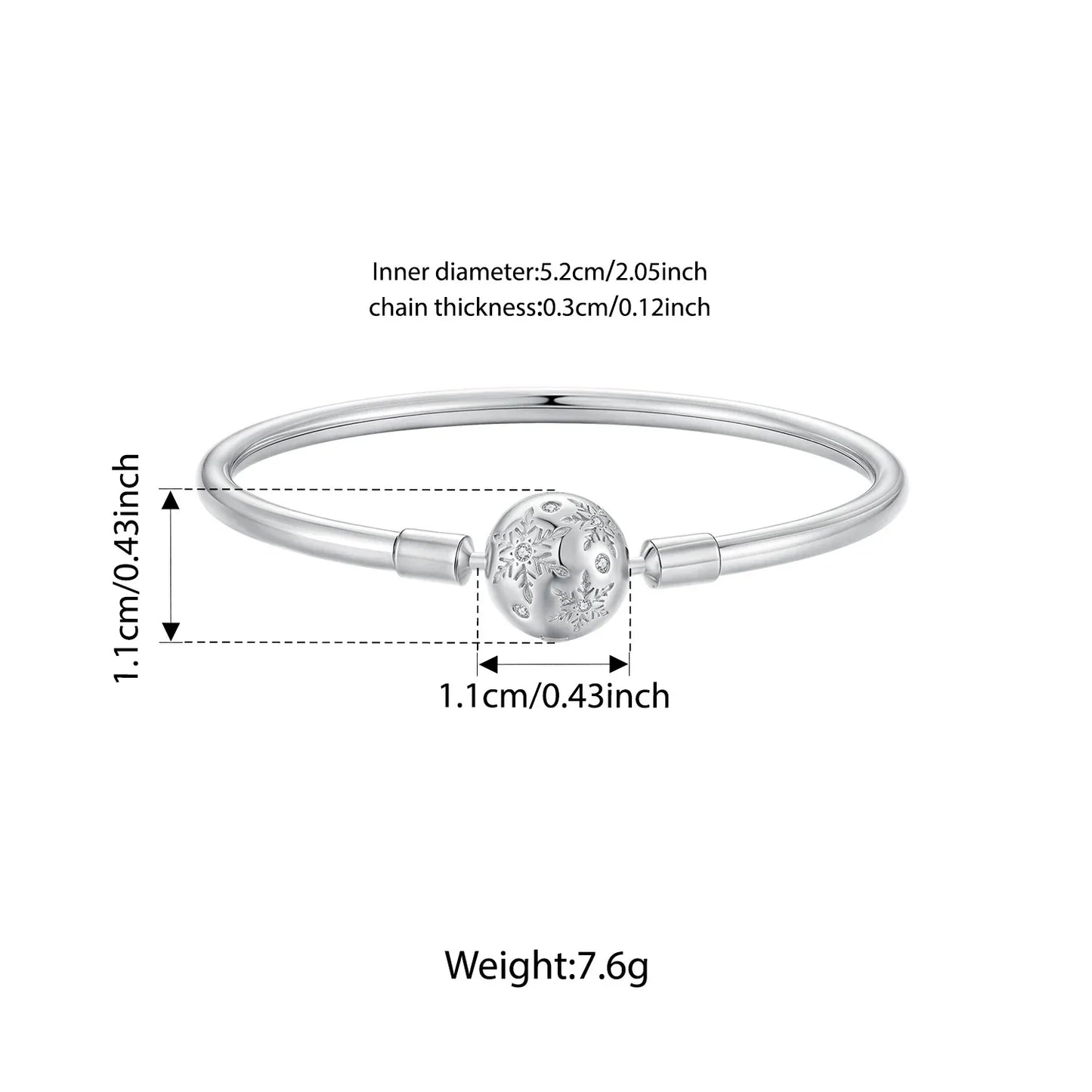 925 Sterling Silver Ice Flower Charm Bangle & Bracelet Glossy Basic Wrist Bangle for Women Pendant Beads DIY Xmas Jewelry