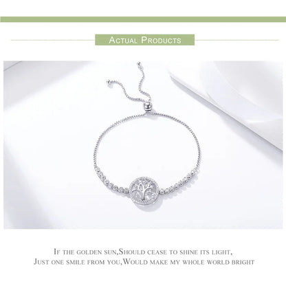 925 Sterling Silver Tree of Life CZ Tennis Bracelet Women Adjustable Bolo Bracelet Fine Jewelry SCB035