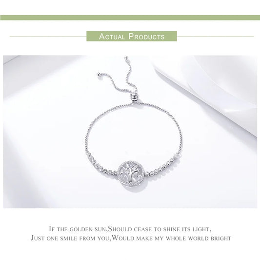 Bracelet ajustable Bolo en argent sterling 925 avec arbre de vie et oxyde de zirconium pour femme Bijoux fins SCB035