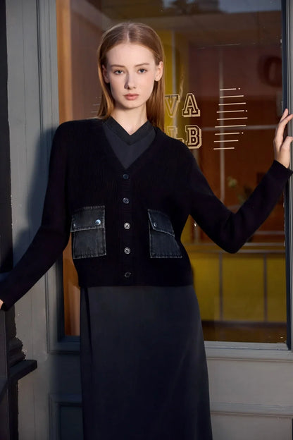 AP Women 2026 Autumn and Winter Denim V-neck Dress Knitting Cardigan Mock Neck Modal Shirt