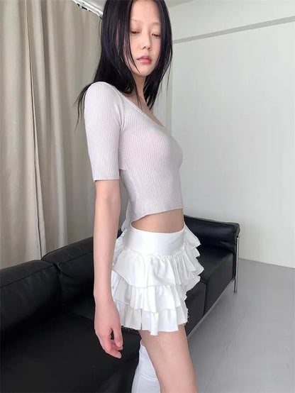 Y2k Lolita Mini Cake Skirt Soft Girl low Waist Ruffle Fluffy Fairy Skirts Summer Kawaii Cute Elegant Short Skirt Black