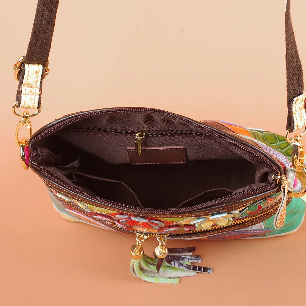 Multi-color snake pattern splicing tassel genuine leather cowhide bag shoulder women's bag personalized casual women's small bag