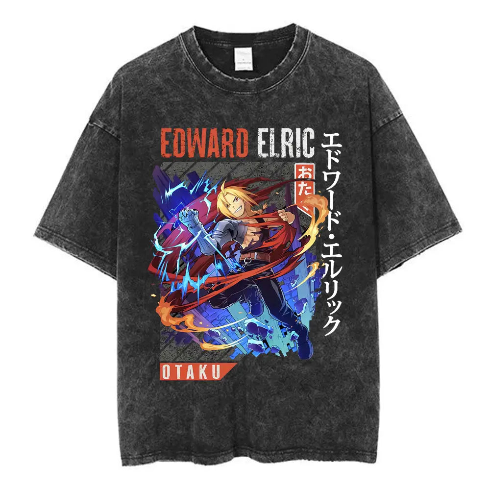 Anime Fullmetal Alchemist Washed T Shirts Edward Elric Alphonse Elric T-Shirt Men's Women Fashion Casual Oversized T-shirts Tops