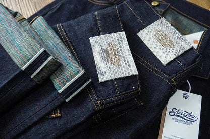 Mens Jeans Rainbow Sanforized Selvedge Denim Jeans Man Python Skin Labels Regular Fit 14 Oz