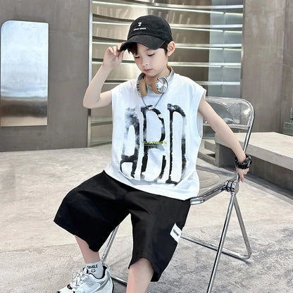Summer Boys Cotton Sleeveless Alphabet T-Shirt Tops+Shorts Workout Sets School Kids 2PCS Tracksuit Child Jogging Outfits 5-16 Yr