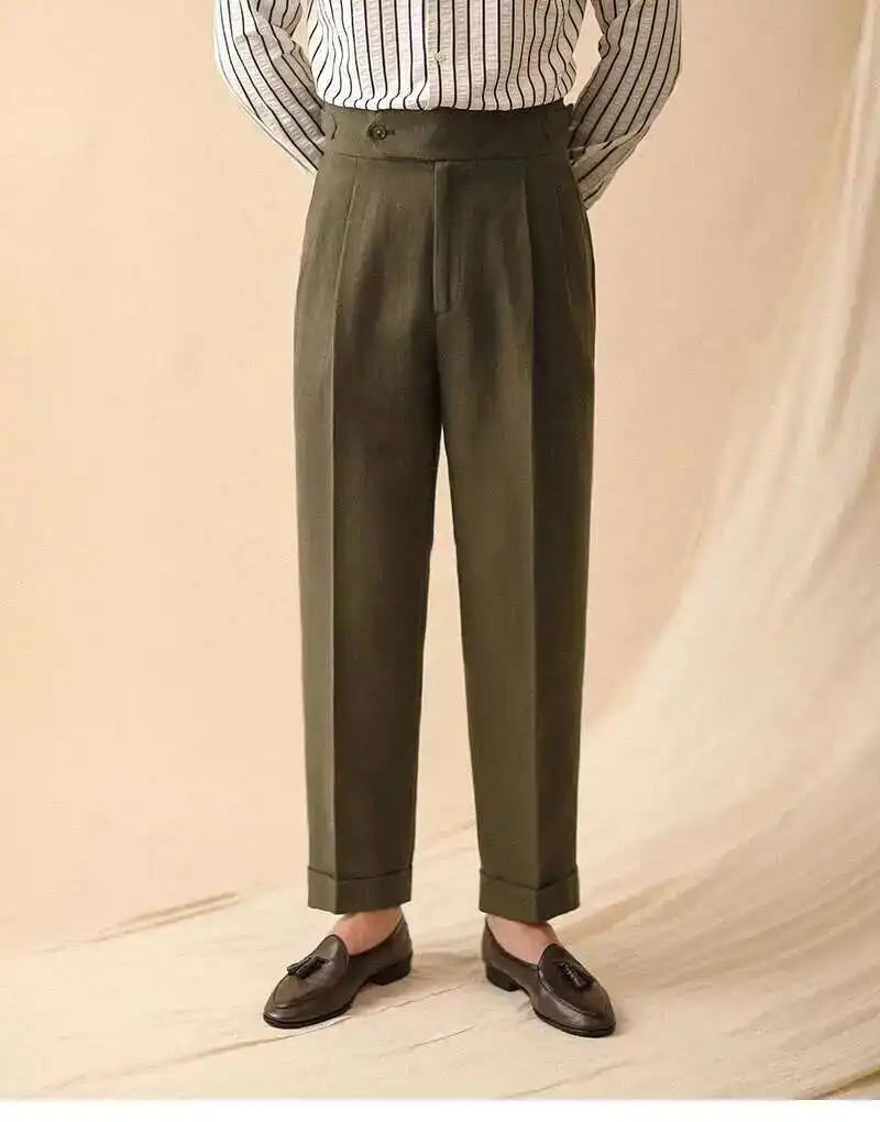 Linen Straight Pant For Men 2024 Summer Business Gentleman Naples Pant Paris Buckle Drape High Waisted Trousers Men Formal Pant