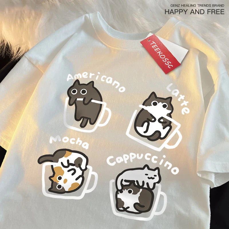American Style Coffee Cat Japanese Style Tshirts Man Casual Breathable Cotton Loose Summer T-Shirt Loose Cotton Oversize T Shirt