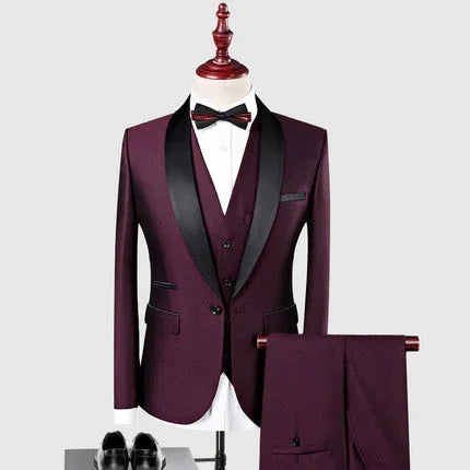 Royal Blue/Burgundy Man Suits Classic Black Lapel Wedding Suits 3 Pieces (Jacket+Pants+Vest)