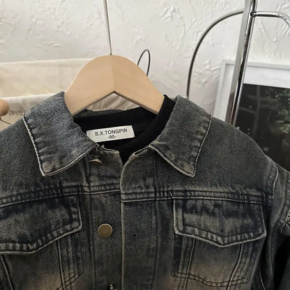 Children's Korean Spring Autumn New Retro Matte Coat for Boys and Girls Korean Loose Cowboy Two Piece Set outfits