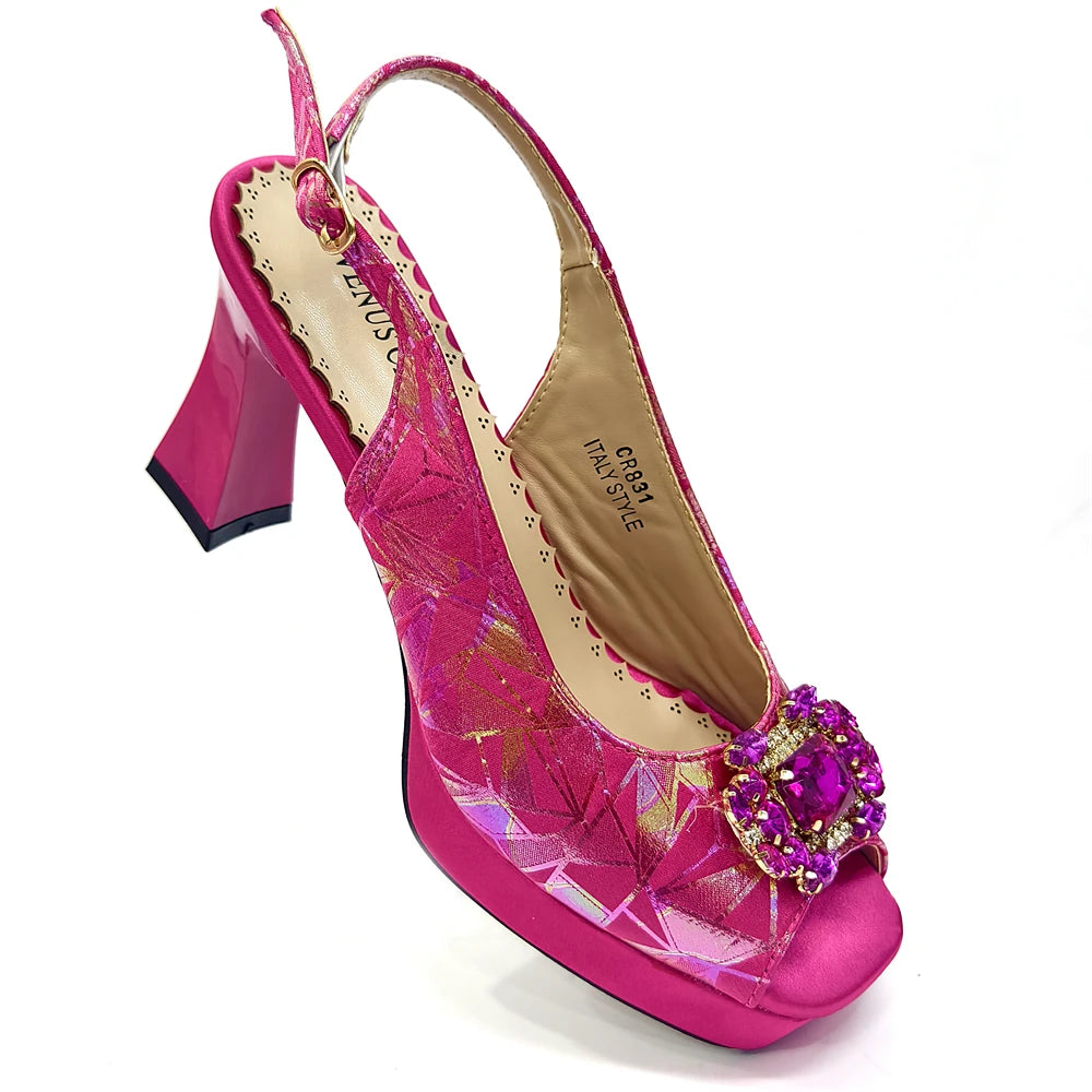 2025 Elegant Peep-Toe Heels for Women - Perfect Italian Party Shoes & Bag Set with Sparkling Diamond Accents