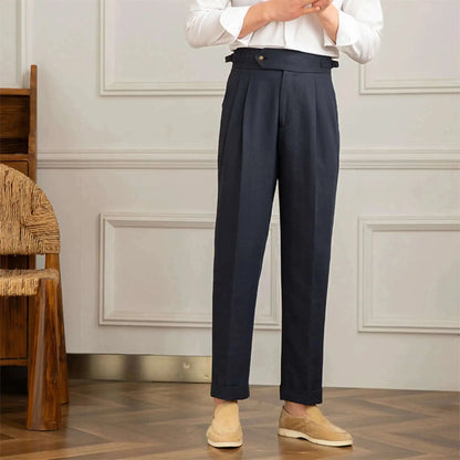 Linen Cotton High Waist Straight Casual Pants Men Versatile Naples Gentleman Pleated Pants High Quality Italian Dress Trousers