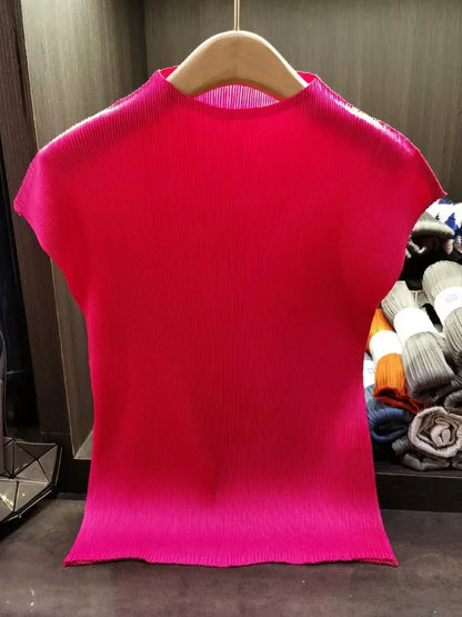 Miyake Versatile Classic Simple Solid Color Stand Up Collar Pleated Top Women Slim Slim Short Sleeve Miyake T-shirt Summer 2025