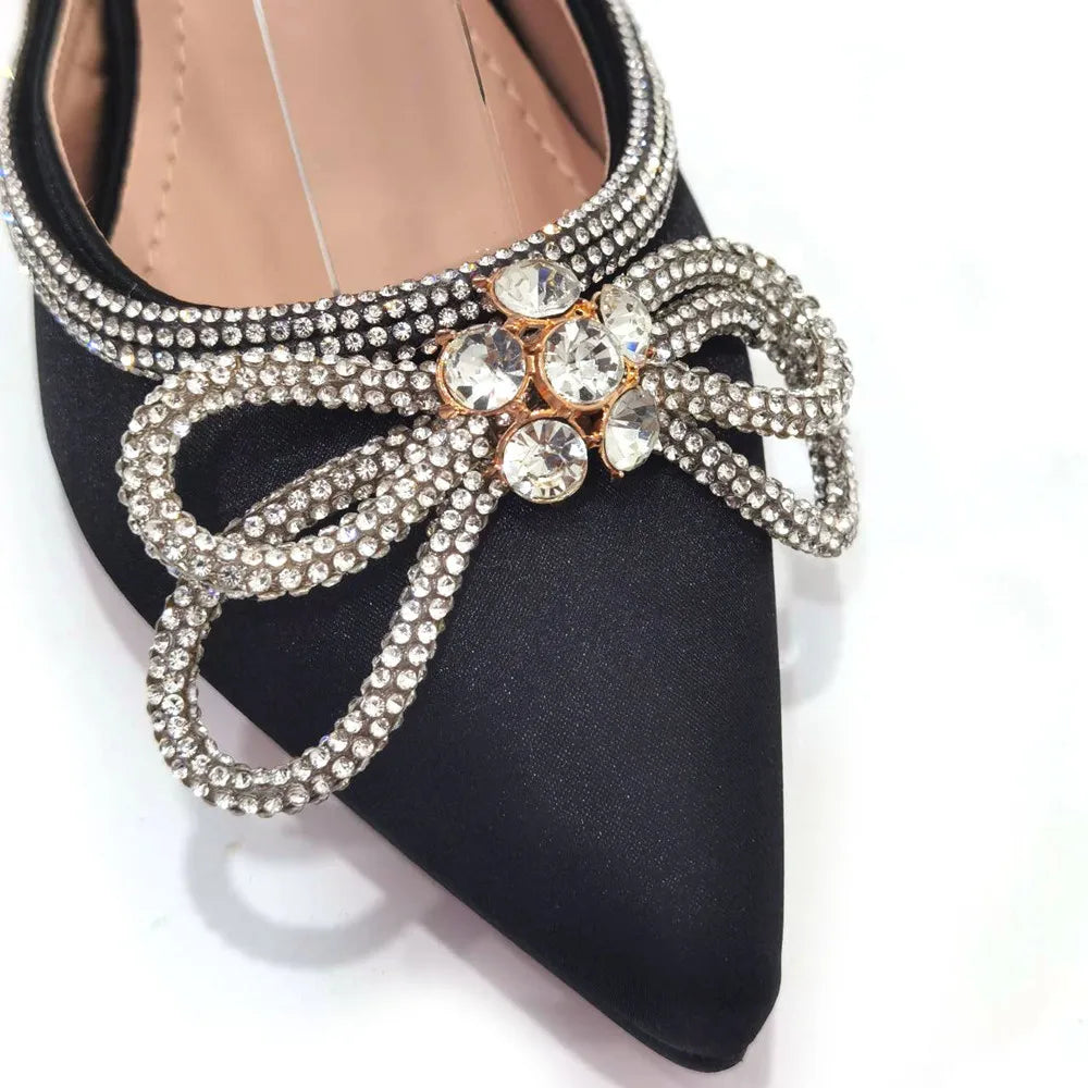 2023 Ladies Pointed-Toe Party High Heels Magenta Colour Bow Rhinestone Stereo Bag Evening  African Wedding Shoe And Bag Set