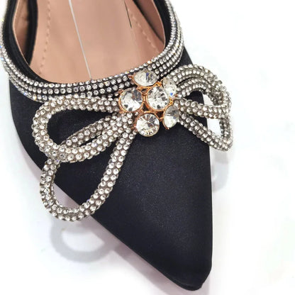 2023 Ladies Pointed-Toe Party High Heels Magenta Colour Bow Rhinestone Stereo Bag Evening  African Wedding Shoe And Bag Set