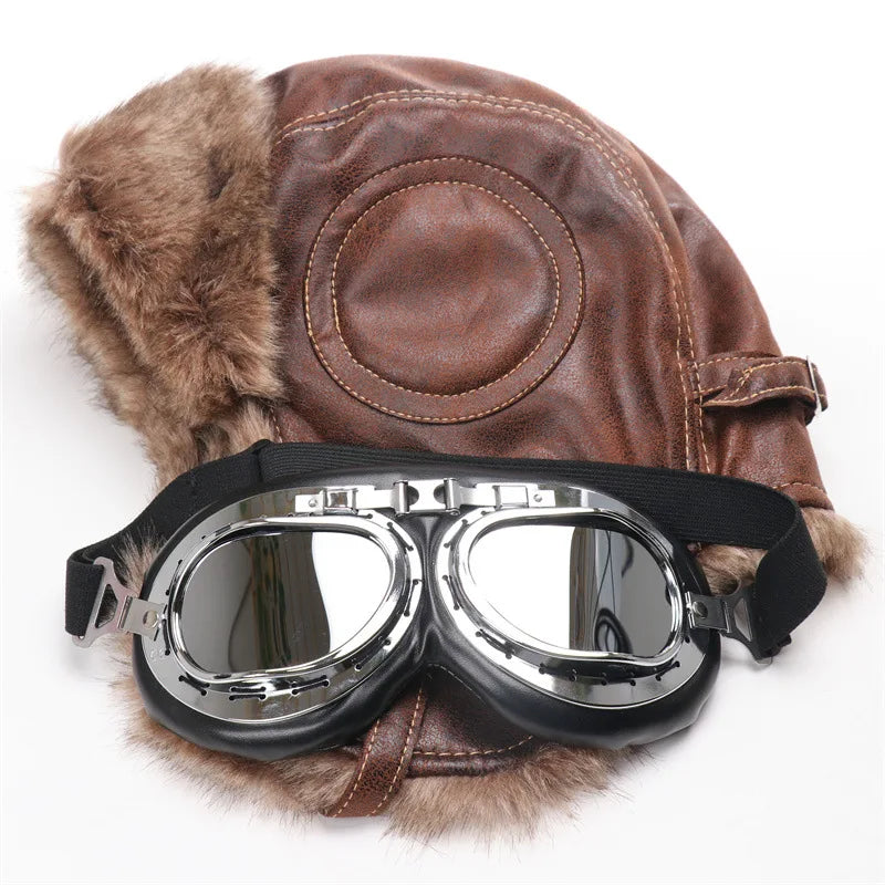 Men Winter Bomber Hat With Goggles Outdoor Motorcycle Windproof Warm Faux Fur Pilot Earflap Hat Leather Thermal Ushanka