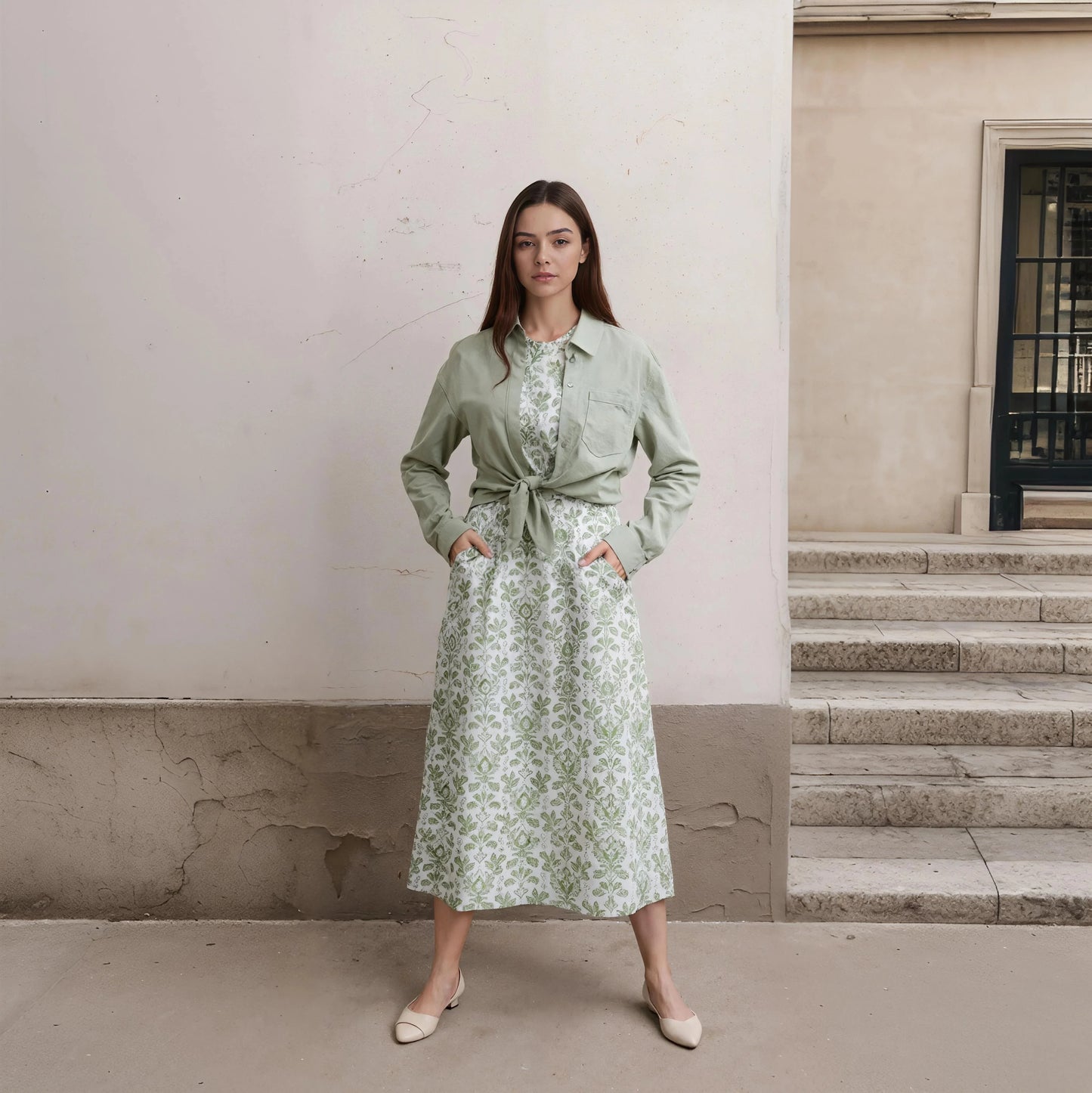 Autumn Winter Casual Women Cotton Linen Shirt Fashion Print Long Dress Set with Pocket Blouse Elegant Lady Street 2 Piece Set