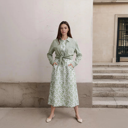 Autumn Winter Casual Women Cotton Linen Shirt Fashion Print Long Dress Set with Pocket Blouse Elegant Lady Street 2 Piece Set