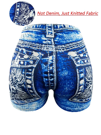 Women's Faux Denim Print High Stretch Slim Shorts, Versatile Yoga Shorts, Polyester Non-Denim Material