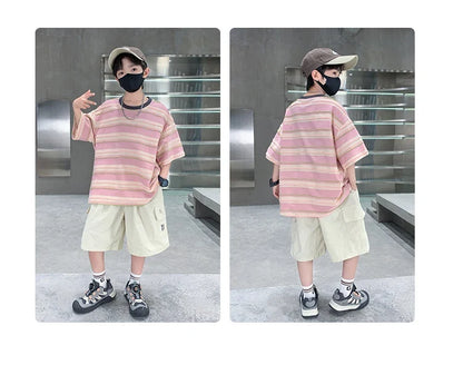 Children Summer Pink Blue Striped Suit Top and Bottom Clothes Set For Teen Boy New Fashion Tracksuit Outfit Kids Casual Clothing