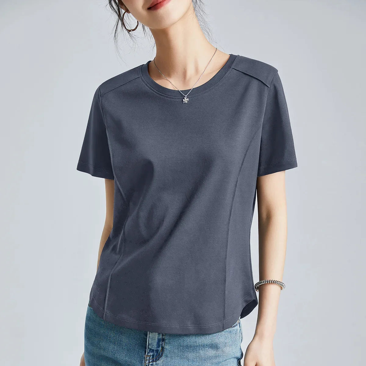 Summer Women's White Mercerized Cotton T-Shirt | 3D Stitching Round Neck Basic Top | Plus Size Slim Fit Layered Casual Blouse