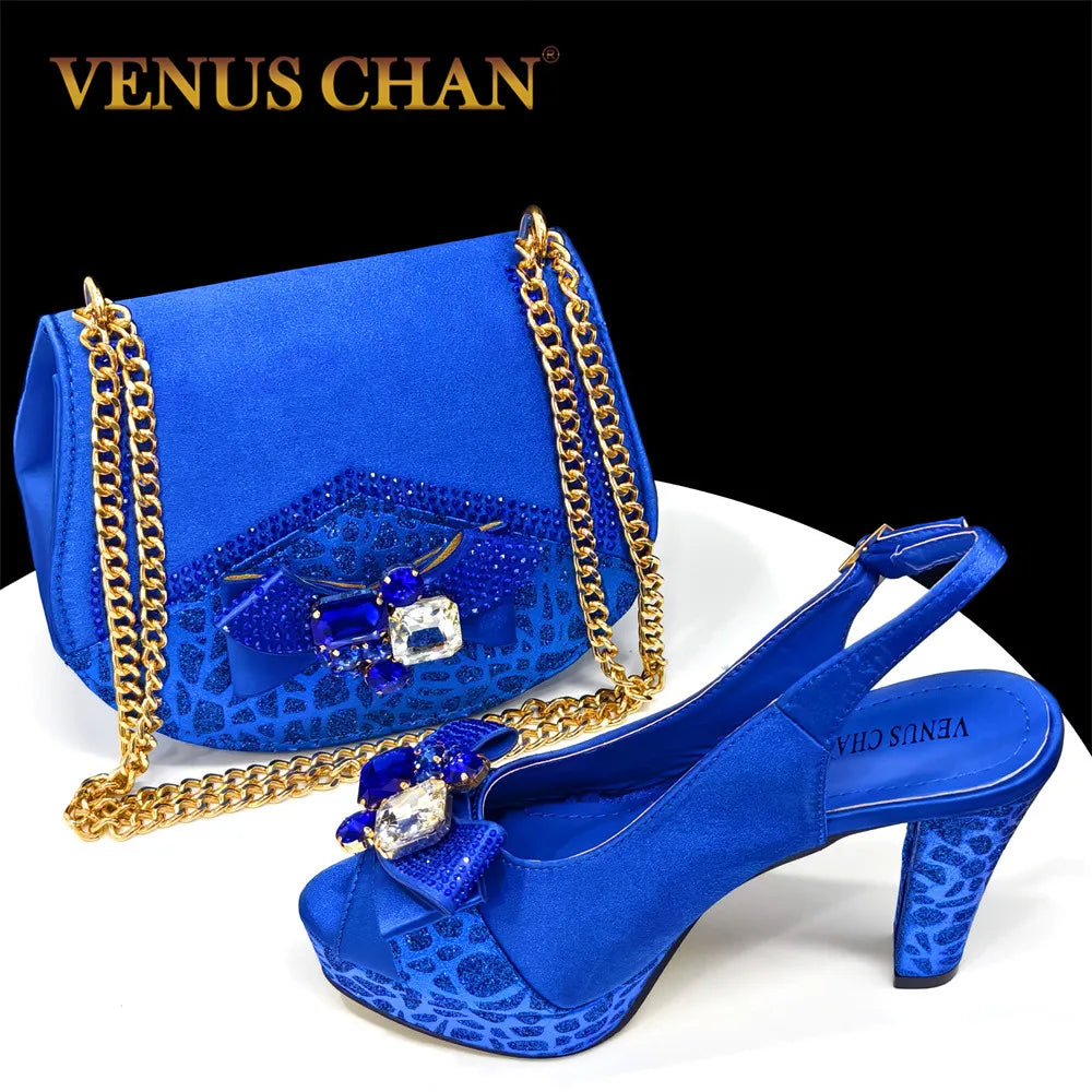 2024 Rhinestone Design INS Hot Sale New Arrivals African Shoes and Bag Set in Blue Color Open Toe Comfortable Women Heels