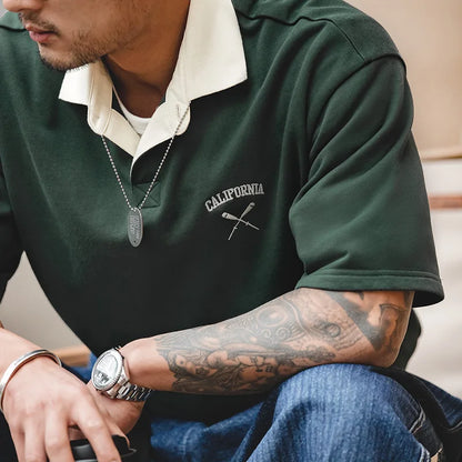 Contrasting Color Short Sleeve T-shirts for Men Summer Green Loose Fit Polo Shirt Casual Embroidery Tee Tops for Daily
