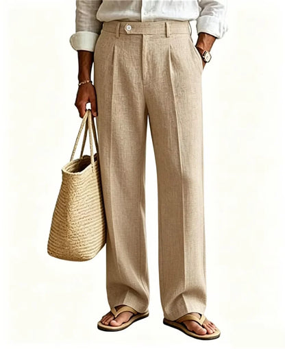 Men's Linen Beige Pants Straight Leg Trousers High Waist Pleated Lightweight Breathable Cool Summer Casual For Beach Vacation