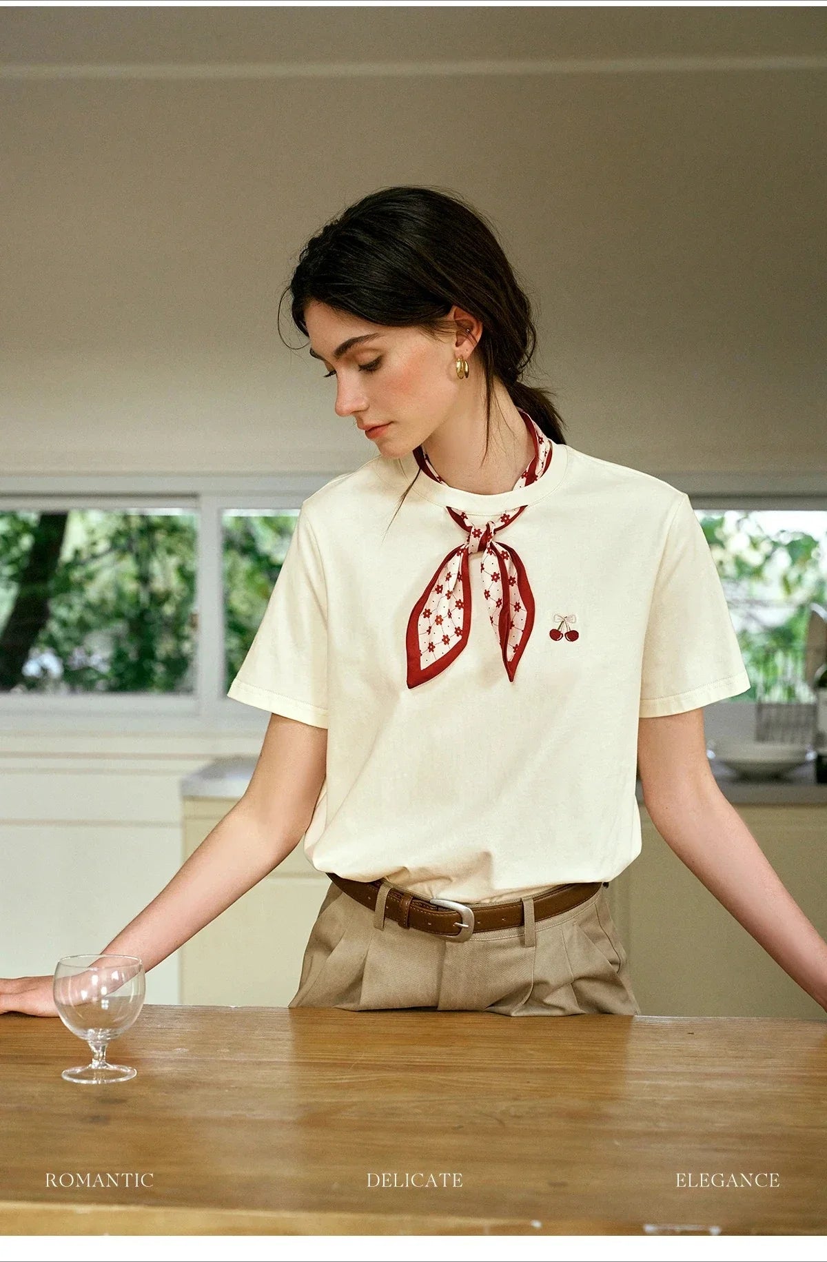 Women T-Shirt 2026 New Summer Neckline Hollow Tops French Style Silk Scarf with Embroidered Short-sleeved Tees O57XT96396